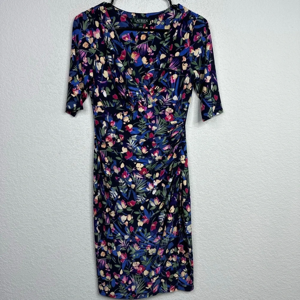 LRL Dress Womens Size 2 Floral‎ Short Sleeve Wrap Spring Romantic Easter Sheath